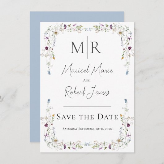 Moderne Wilde Bloemen Monogram Blauw Bruiloft Save The Date (Voorkant / Achterkant)