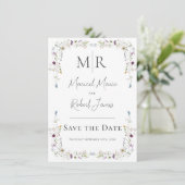 Moderne Wilde Bloemen Monogram Blauw Bruiloft Save The Date (Staand voorkant)