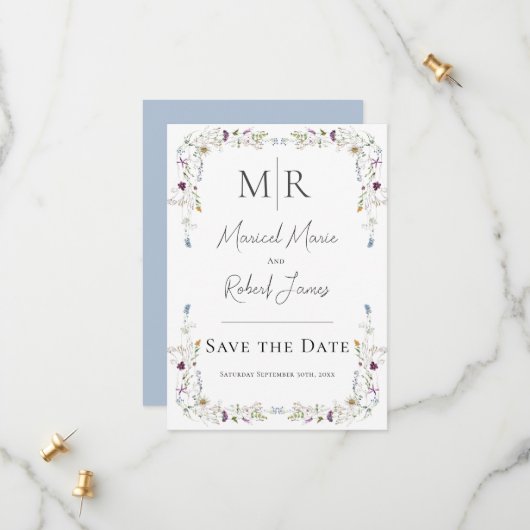 Moderne Wilde Bloemen Monogram Blauw Bruiloft Save The Date (Voorkant / Achterkant in situ)
