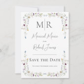 Moderne Wilde Bloemen Monogram Blauw Bruiloft Save The Date (Voorkant)