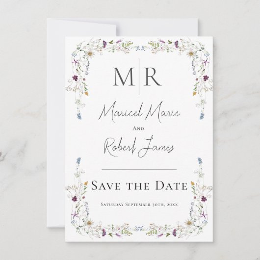 Moderne Wilde Bloemen Monogram Blauw Bruiloft Save The Date (Voorkant)