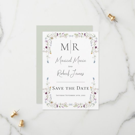 Moderne Wilde Bloemen Monogram Groene Trouw Save The Date (Voorkant / Achterkant in situ)