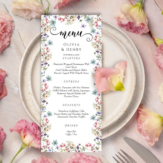 Moderne Wilde Bloemen Rustic Trouwdag Menu