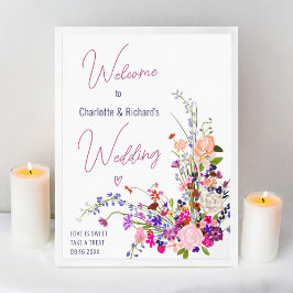Moderne wilde bloemen script bruiloft welkom poster
