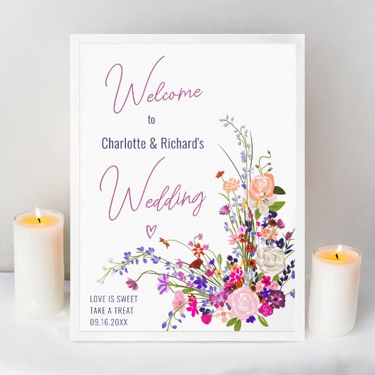 Moderne wilde bloemen script bruiloft welkom poster