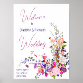 Moderne wilde bloemen script bruiloft welkom poster (Voorkant)