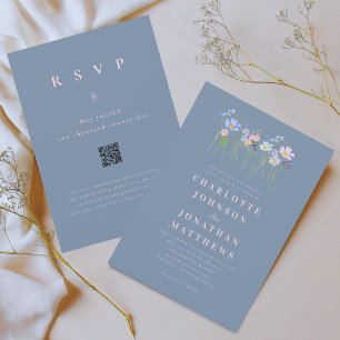 Moderne Wilde Bloemen Stof Blauw Roze Trouw QR Cod Kaart