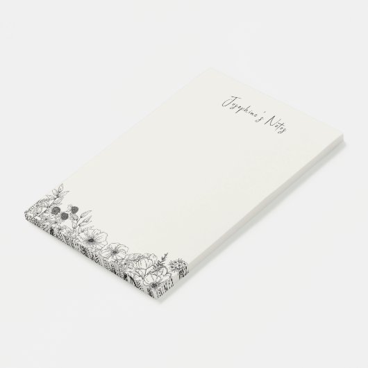 Moderne wilde bloemen zwart en crème bloemnaam post-it® notes (Schuin)