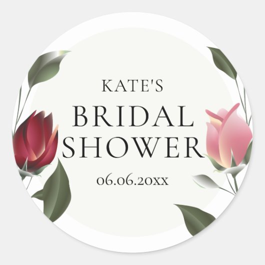 Moderne Wilde Roos Bloemige Bruilofts Uitnodiging  Ronde Sticker (Voorkant)