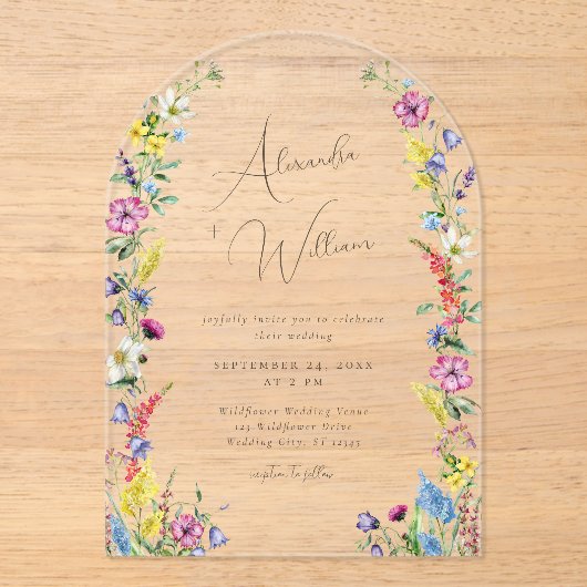 Moderne Wildflower Arch Boho Bruiloft Acryl Uitnodigingen (Voorkant)