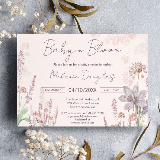 Moderne Wildflower Baby in Bloom Baby shower Kaart