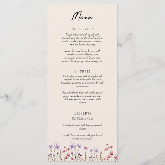 Moderne Wildflower Beige Bruiloft Flat Menu (Voorkant)