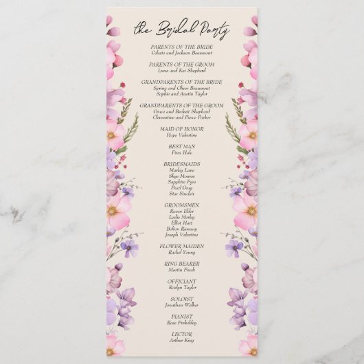 Moderne Wildflower Beige Bruiloft Flat Programmakaart (Achterkant)