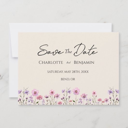 Moderne Wildflower Beige Bruiloft Flat Save The Date (Voorkant)
