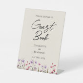 Moderne Wildflower Beige Bruiloft Gast Boek Teken Reclamebord Met Voetstuk (Voorkant)