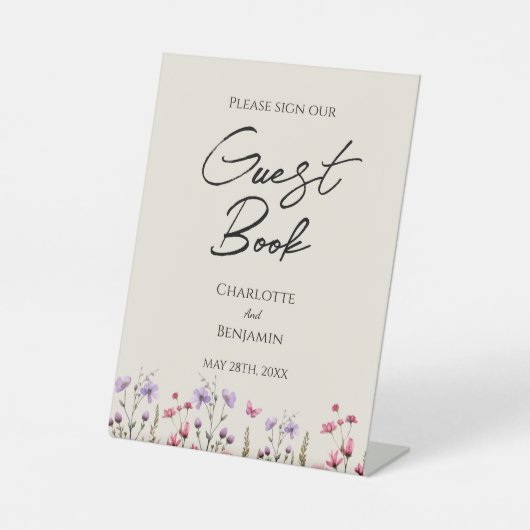Moderne Wildflower Beige Bruiloft Gast Boek Teken Reclamebord Met Voetstuk (Voorkant)