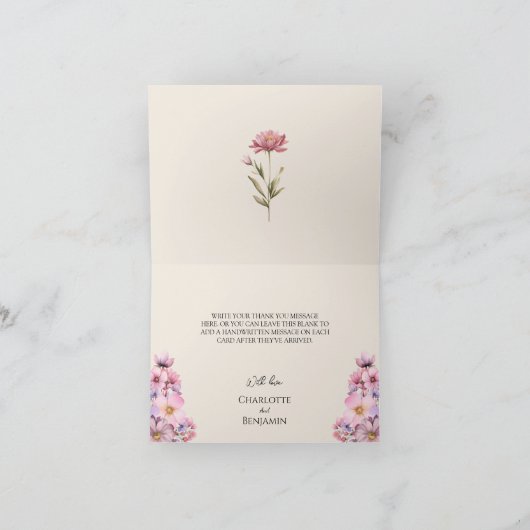 Moderne Wildflower Beige Bruiloft Gevouwen Bedankkaart (Binnen)