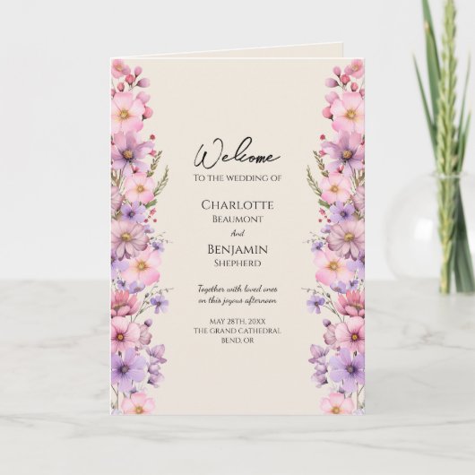 Moderne Wildflower Beige Bruiloft Gevouwen Programma (Voorkant)