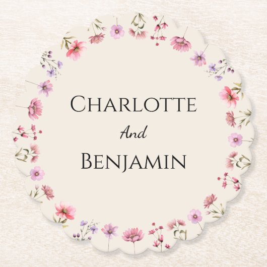 Moderne Wildflower Beige bruiloft Kartonnen Onderzetters (Voorkant)