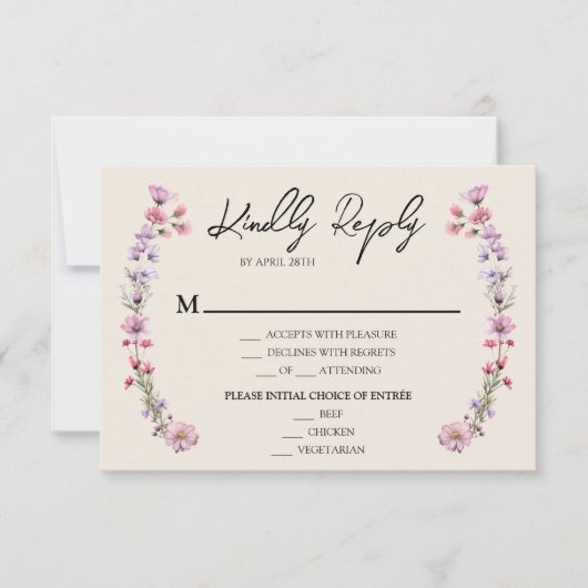 Moderne Wildflower Beige Bruiloft Menu Keuze RSVP (Voorkant)