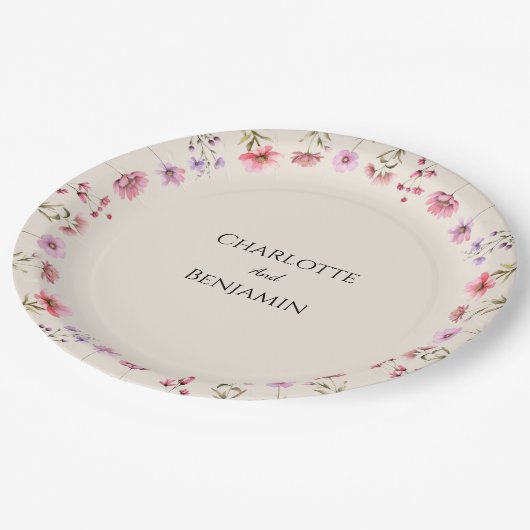 Moderne Wildflower Beige bruiloft Papieren Bordje (Gekanteld)