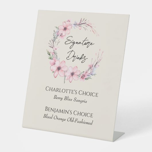 Moderne Wildflower Beige Bruiloft Signature Drinke Reclamebord Met Voetstuk (Voorkant)