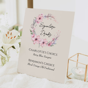Moderne Wildflower Beige Bruiloft Signature Drinke Reclamebord Met Voetstuk