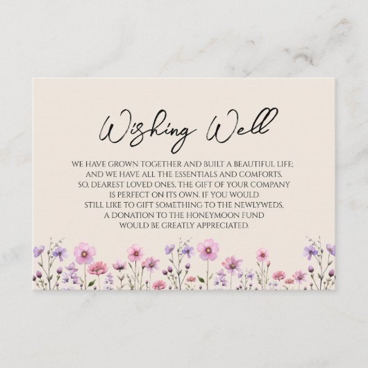 Moderne Wildflower Beige Bruiloft Wishing Well Informatiekaartje (Voorkant)