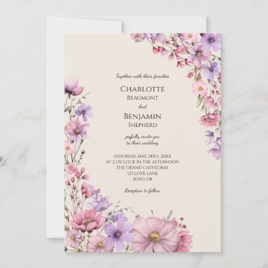 Moderne Wildflower Beige Foto Bruiloft Kaart (Voorkant)