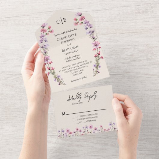 Moderne Wildflower Beige Klassieke bruiloft All In One Uitnodiging (Afscheurbaar)