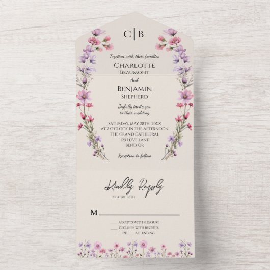 Moderne Wildflower Beige Klassieke bruiloft All In One Uitnodiging (Binnen)