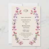 Moderne Wildflower Beige Monogram Foto Bruiloft Kaart (Voorkant)
