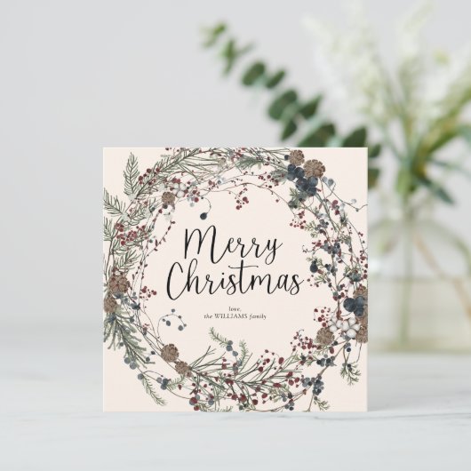 Moderne Wildflower Bladblad Krans Script Kerstmis Feestdagenkaart (Staand voorkant)