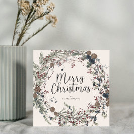 Moderne Wildflower Bladblad Krans Script Kerstmis Feestdagenkaart