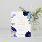 Moderne Wildflower Blauw en Goud Folie Uitnodiging Briefkaart (Staand Voorkant)