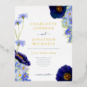 Moderne Wildflower Blauw en Goud Folie Uitnodiging Briefkaart (Voorkant)
