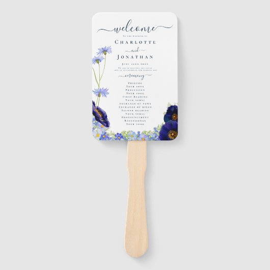 Moderne Wildflower Blauwe Bruiloft Dag Handwaaier (Voorkant)