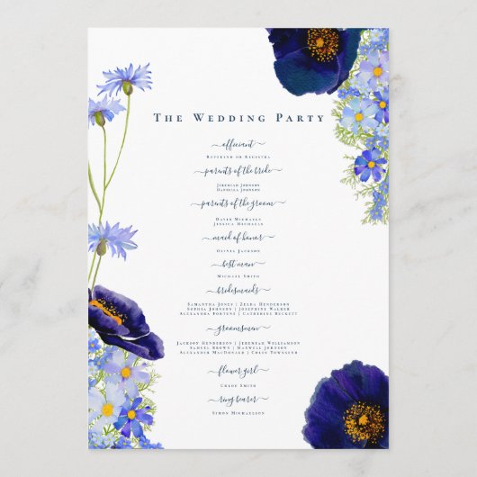 Moderne Wildflower Blauwe Bruiloft Dag Programmakaart (Achterkant)