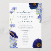 Moderne Wildflower Blauwe Bruiloft Dag Programmakaart (Voorkant)