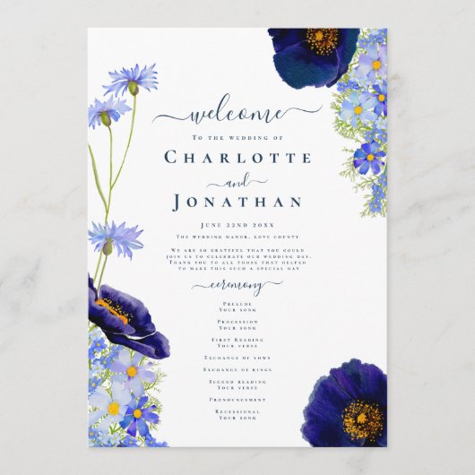 Moderne Wildflower Blauwe Bruiloft Dag Programmakaart (Voorkant)