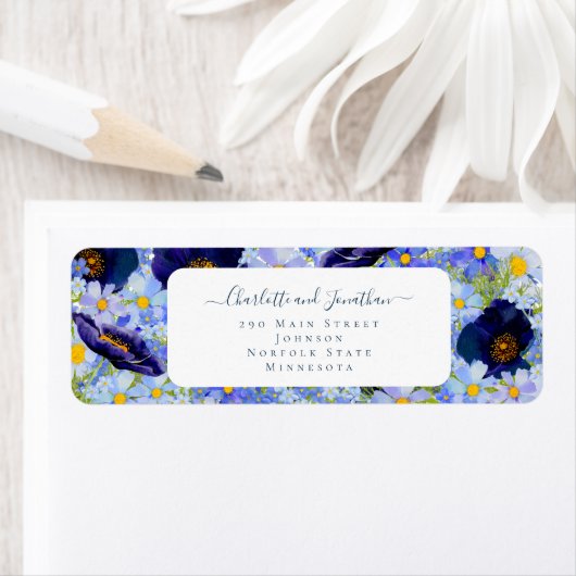Moderne Wildflower Blauwe Bruiloft Etiket (Insitu)