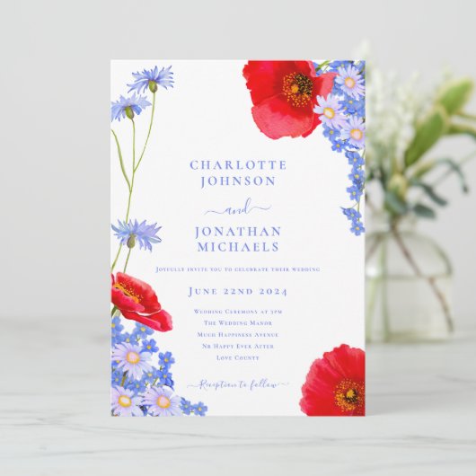 Moderne Wildflower Blauwe Bruiloft Kaart (Staand voorkant)