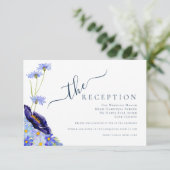 Moderne Wildflower Blauwe Bruiloft Receptie Informatiekaartje (Staand voorkant)