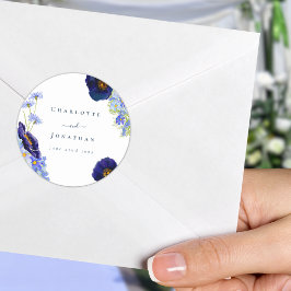 Moderne Wildflower Blauwe Bruiloft Ronde Sticker