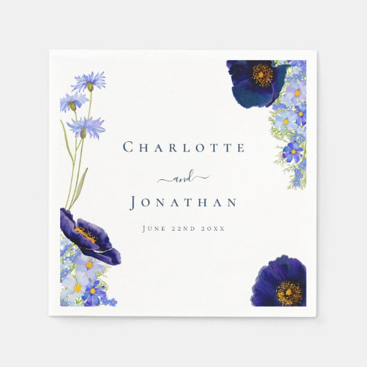Moderne Wildflower Blauwe Bruiloft Servet (Voorkant)