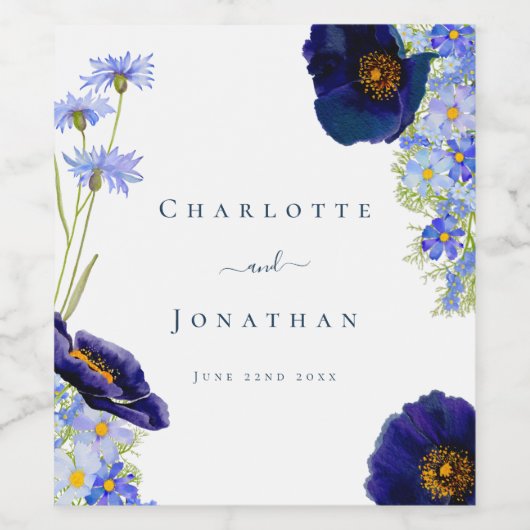 Moderne Wildflower Blauwe Bruiloft Wijn Etiket (Enkel label)