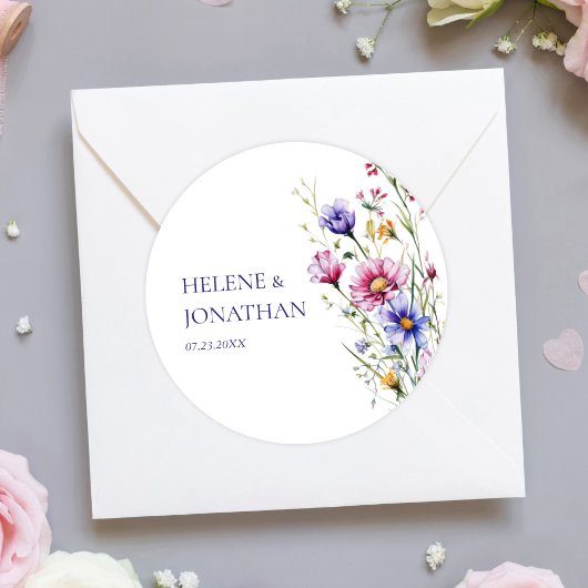 Moderne Wildflower bloemenbruiloft Ronde Sticker