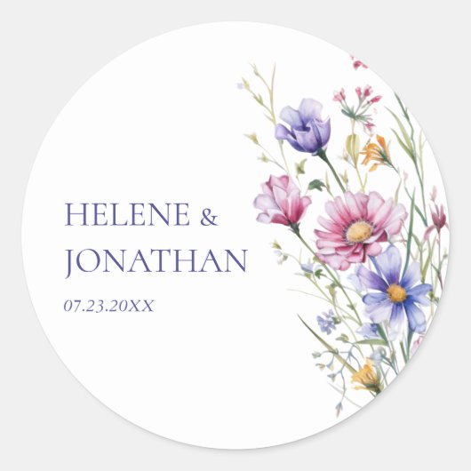 Moderne Wildflower bloemenbruiloft Ronde Sticker (Voorkant)