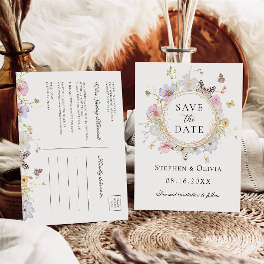 Moderne Wildflower Bloemenkrans Save the Date Aankondigingskaart