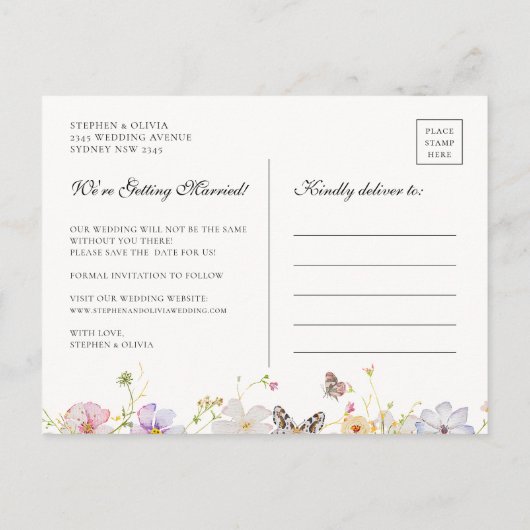 Moderne Wildflower Bloemenkrans Save the Date Aankondigingskaart (Achterkant)